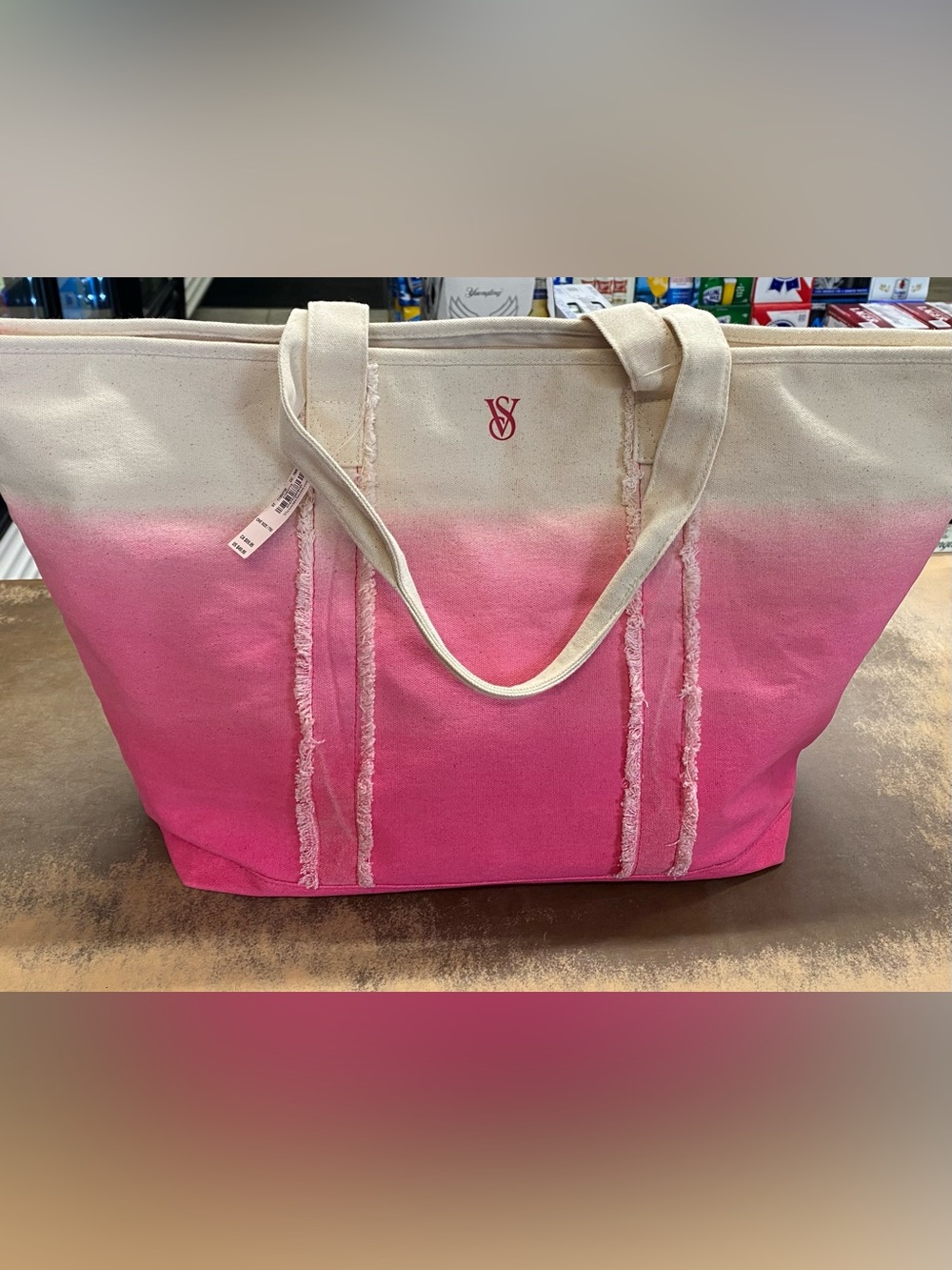 NWT Victoria’s Secret Canvas Tote Bag Pink & Cream Zip Closure